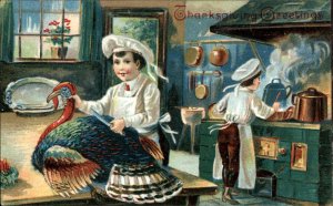 Thanksgiving Little Boy Chef Carving Whole Turkey c1910 Vintage Postcard