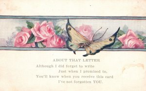 Vintage Postcard Remembrance Card Rose Flowers And Butterfly Greetings Card