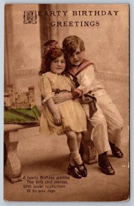 Hearty Birthday Greetings, Children On A Bench, Vintage Postcard Series W919/2