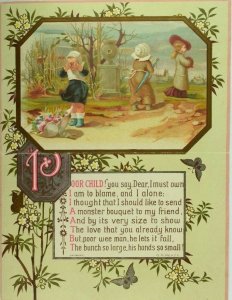 1880's Victorian Christmas Folder Card Poem Child Crying Fallen Bouquet &W