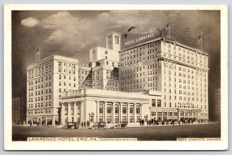 1934 Hotel Lawrence Erie Pennsylvania Building Roadway View Posted Postcard