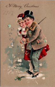 Christmas Greetings Children With Snowballs Embossed c1907 Postcard W14