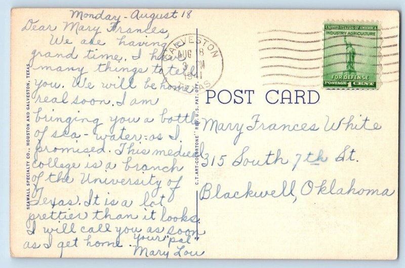 c1941 Galveston Texas Postcard John Sealy Hospital Group State Medical College