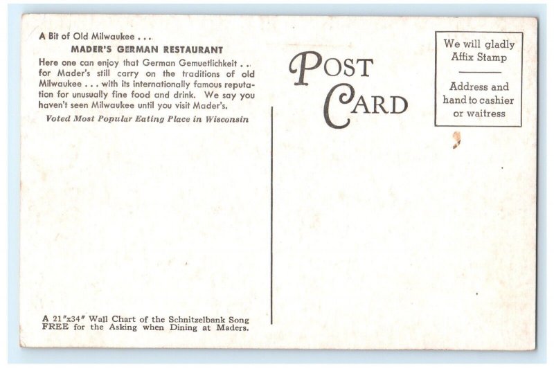 Mader's Famous Restaurant Milwaukee Wisconsin WI Postcard (HQ18)