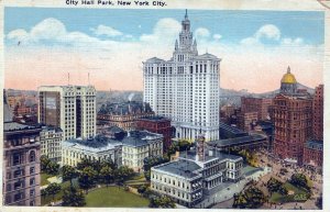 VINTAGE POSTCARD AERIAL VIEW OF CITY HALL PARK & STREET SCENE c. 1930 rear issue