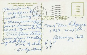 LAKE GENEVA WISCONSIN~ST FRANCIS DeSALES CATHOLIC CHURCH~1960 PSMK POSTCARD