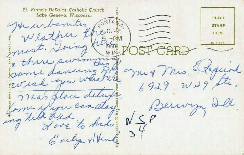 LAKE GENEVA WISCONSIN~ST FRANCIS DeSALES CATHOLIC CHURCH~1960 PSMK POSTCARD