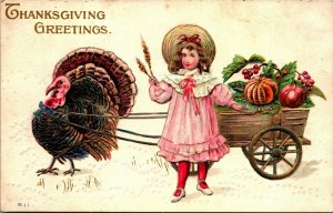 Thanksgiving Greetings Turkey Pulling Cart Embossed Vtg Postcard 1910s UNP