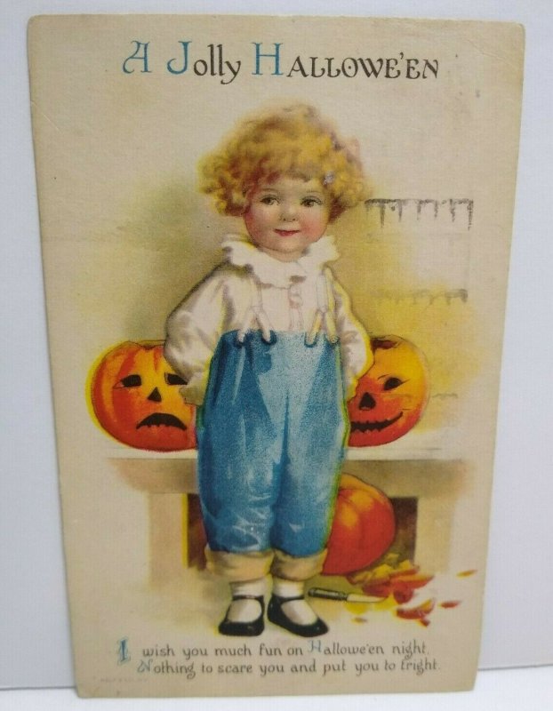 Jolly Halloween Postcard Ellen Clapsaddle Wolf No 1 Child Pumpkins 1920 Vintage