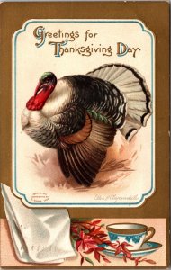 Clapsaddle Thanksgiving Postcard Gorgeous Turkey, Cup of Tea