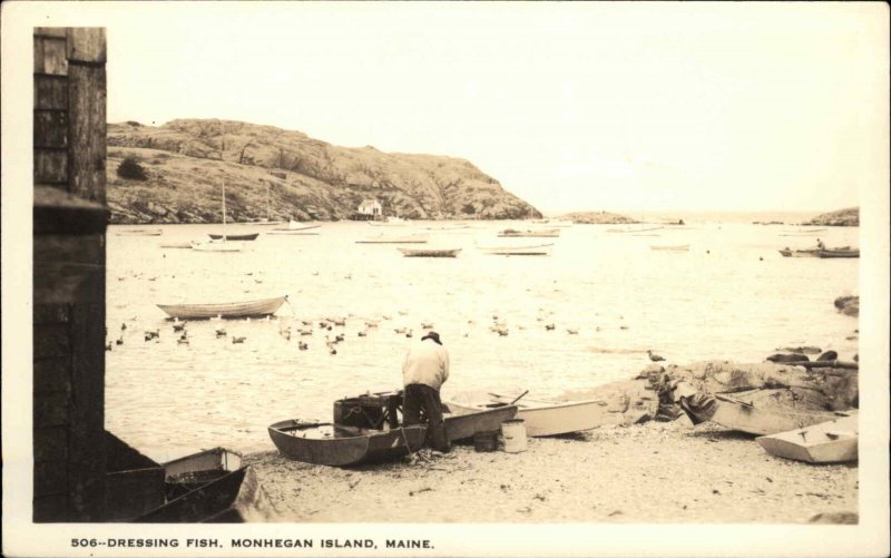 Monhegan ME Maine Dressing Fish c1940s Real Photo Postcard