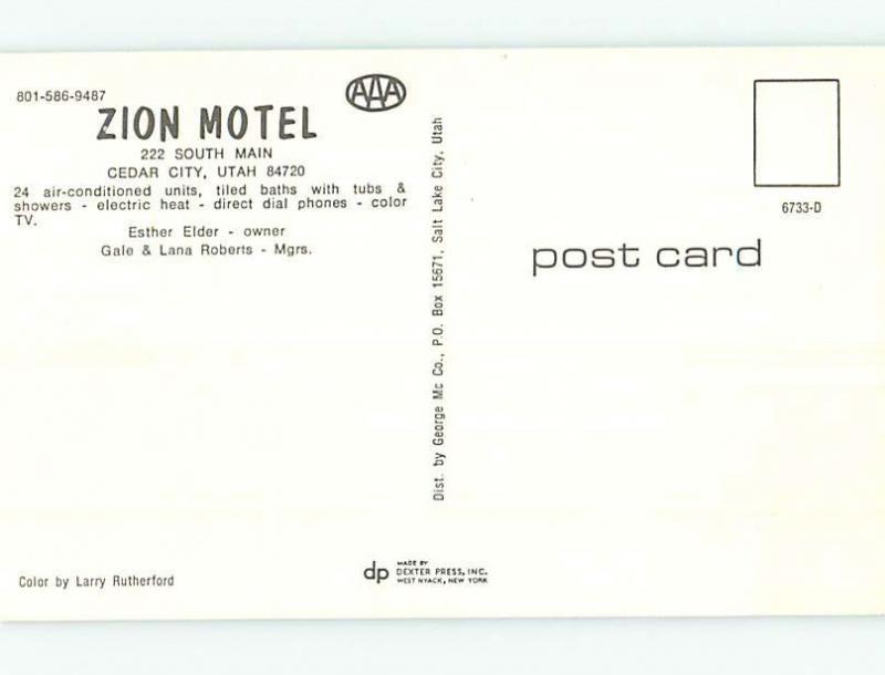 Unused Pre-1980 ZION MOTEL Cedar City Utah UT n8632-22