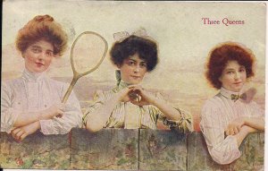 Three Beautiful Women w Tennis Rackets, 1911 Edwardian American Girls, Badminton