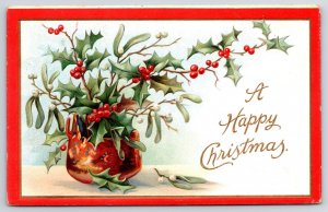 1909 A Happy Christmas Holy Leaf Cherry In Red Vase Greetings Posted Postcard