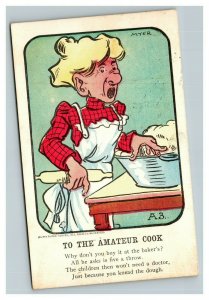 Vintage 1900's Comic Postcard The Amateur Cook Woman with Rolling Pin