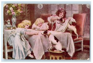 c1910's Birthday Party Three Girls Dalmatian Dog Flower Vase Antique Postcard 