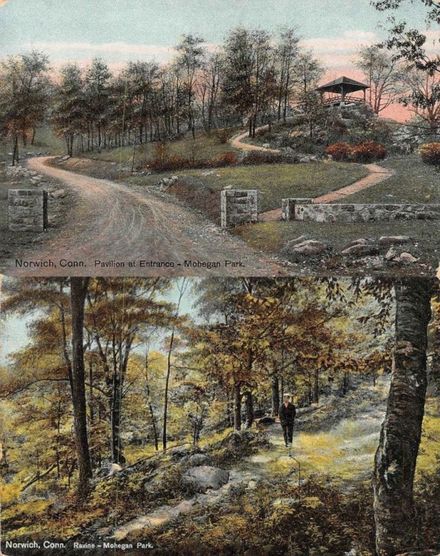 NORWICH, CT Connecticut  MOHEGAN PARK Pavilion~Man On Trail *2* c1910s Postcards