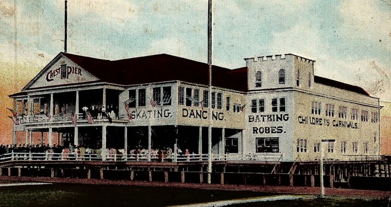 1912 WILDWOOD CREST NJ OCEAN CREST PIER DANCING SKATING ROBES POSTCARD 25-257