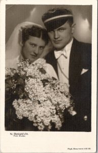 RPPC Lithuanian Couple Wedding Bride Groom Real Photo Postcard W16