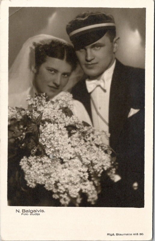 RPPC Lithuanian Couple Wedding Bride Groom Real Photo Postcard W16 