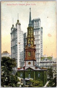 St. Paul's Chapel New York NY Parish Towering Building in Background Postcard