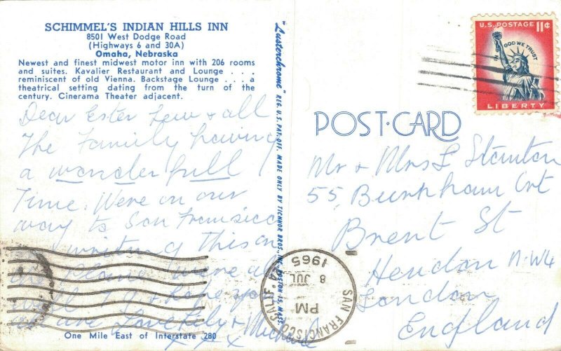 USA Schimmel's Indian Hills Inn Omaha Vintage Postcard 07.29