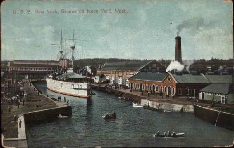 US Navy Battleship USS New York Bremerton WA Navy Yard c1910 Postcard