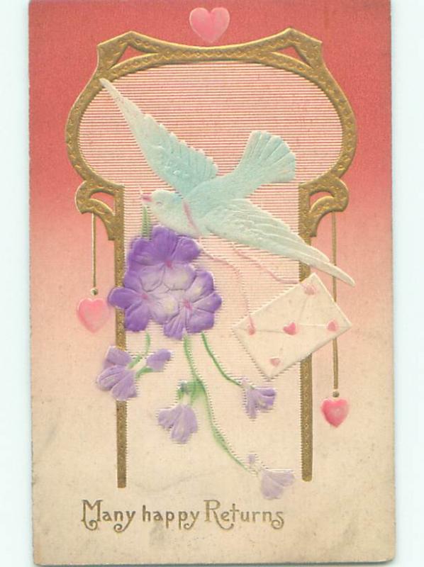 Pre-Linen art nouveau EMBOSSED DOVE BIRD WITH CARD AND HEARTS AND FLOWERS k8611