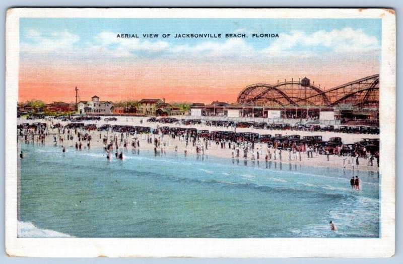 1930-40's AERIAL VIEW JACKSONVILLE BEACH FLORIDA ROLLER COASTER CARS POSTCARD