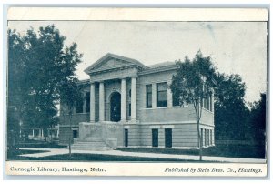 1908 Carnegie Library Exterior Roadside View Hastings Nebraska NE Trees Postcard