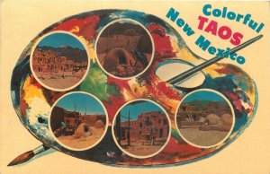 Colorful Taos New Mexico Vintage Artist Palette Multi-View Postcard