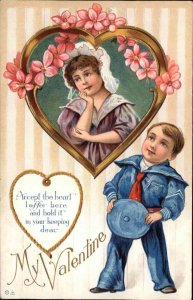 Valentine Pretty Girl in Bonnet Little Boy Sailor c1910 Vintage Postcard