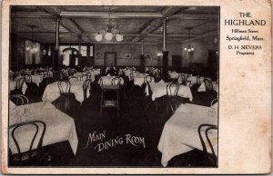 Main Dining Room, The Highland Springfield MA c1910 Vintage Postcard R74