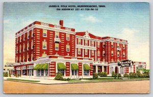 Murfreesboro Tennessee~James Polk Hotel~Red Brick Bldg~Sign~Linen 1958 Postcard