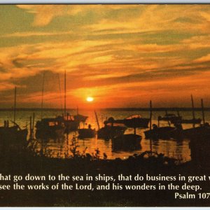 c1970s Surf City, NJ Sunset Psalm 27 107 Bible Quotes Postcard Harbor Ships A232