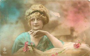 Hand-Colored French RPPC Postcard Blonde Girl w Carnations, Rose & Blue, 4225