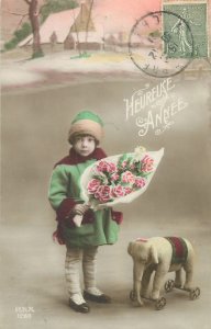 Postcard children costume fun smile dress coiffure flower elephant toy