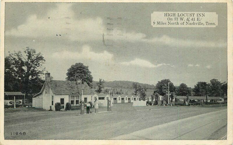 Gas pumps roadside High Locust Inn 1945 Postcard Nashville Tennessee 20-13226