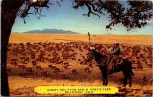 Cowboy Horse Cattle Herd Greetings from Sam Ruby's Cafe Clarinda Iowa Postcard