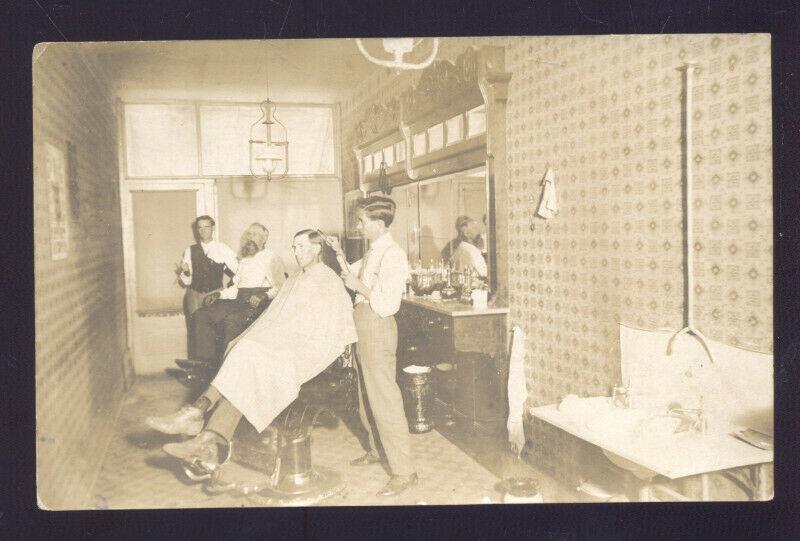 RPPC SLATER MISSOURI BARBERSHOP INTERIOR FARM SINK REAL PHOTO POSTCARD MO.