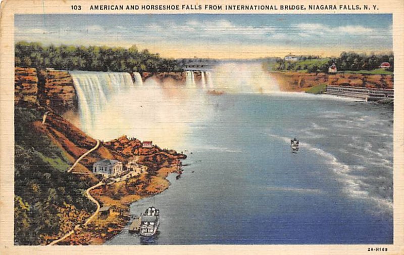 American and Horseshoe Falls from international bridge Niagara Falls 1934 