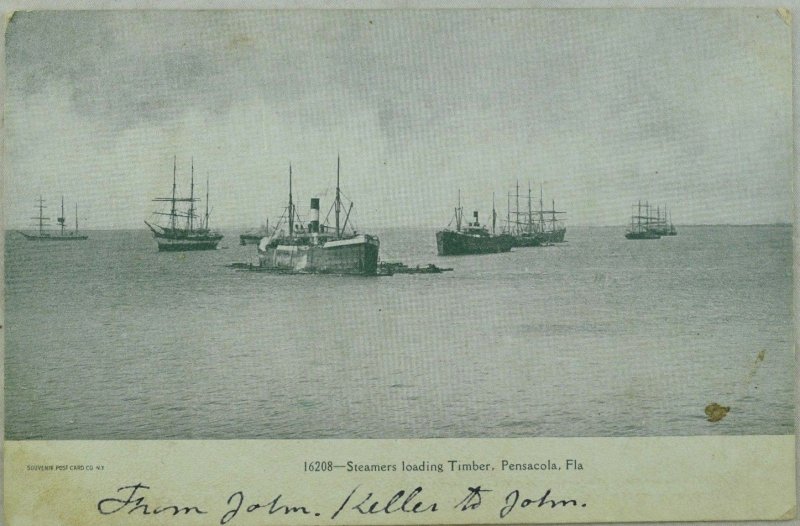 C.1900-07 Steamers Loading Timber, Pensacola, Fla. Vintage Postcard P45 