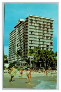 Vintage 1960's Postcard Outrigger Hotels Waikiki Hawaii Surfers Bikinis