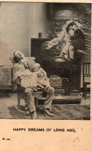 Vintage Postcard Man Sleeps With Two Babies On Lap Happy Dreams Of Long Ago