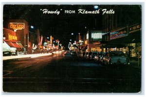 1960 Howdy From Klamath Falls Street At Night Classic Cars Oregon OR Postcard