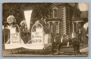 CLOTHING STORE ADVERTISING HORSE DRAWN WAGON ANTIQUE REAL PHOTO POSTCARD RPPC
