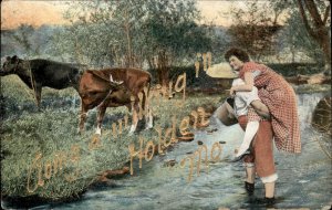 Holden Missouri Woman Piggyback over Stream Cows c1900-20s Vintage Postcard