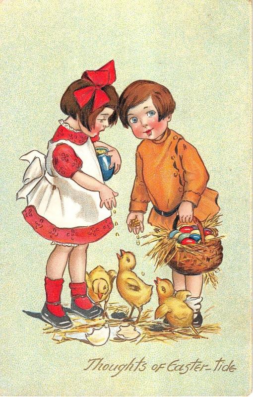 Eastertide Greeting Children Feeding Chicks Antique Postcard V17996