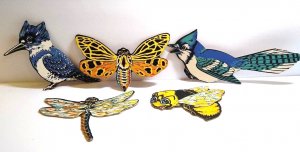 5 Diecuts Insects Bumble Bee Dragonfly Kingfishers Blue Jay Birds Moth 1940's