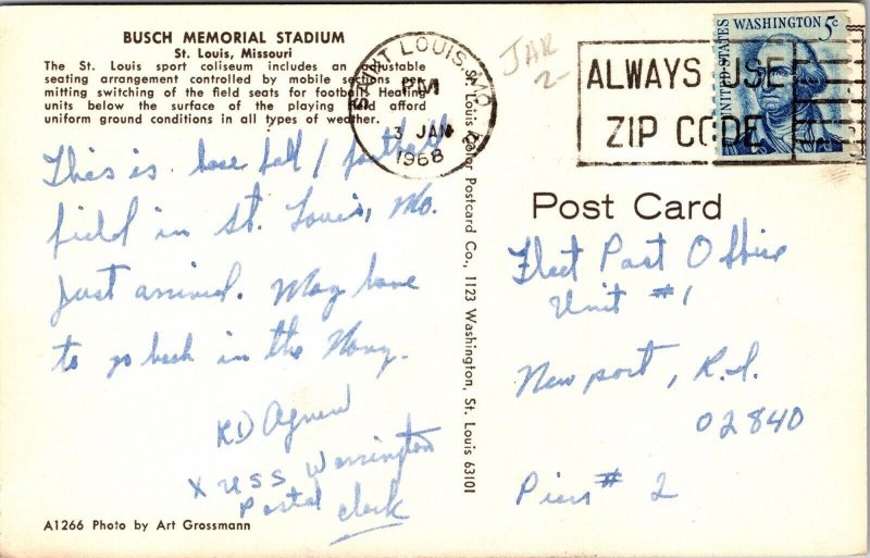 Busch Memorial Stadium St Louis Missouri MO Postcard PM Clean Cancel WOB Note 5c 